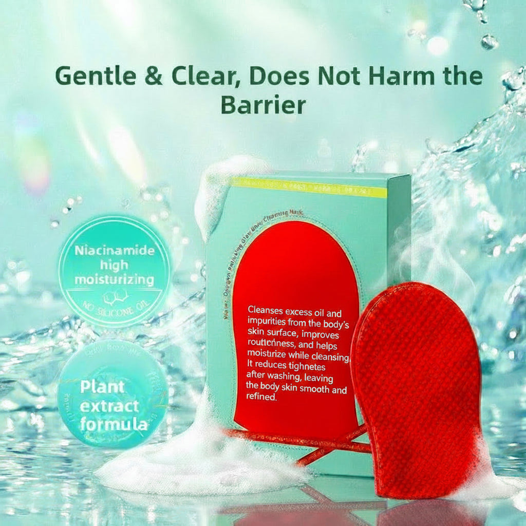 water oxygen polishing and rejuvenating body cleansing mask shown with its teal and red box, a red textured mask sheet, and promotional text over a water-splash background.